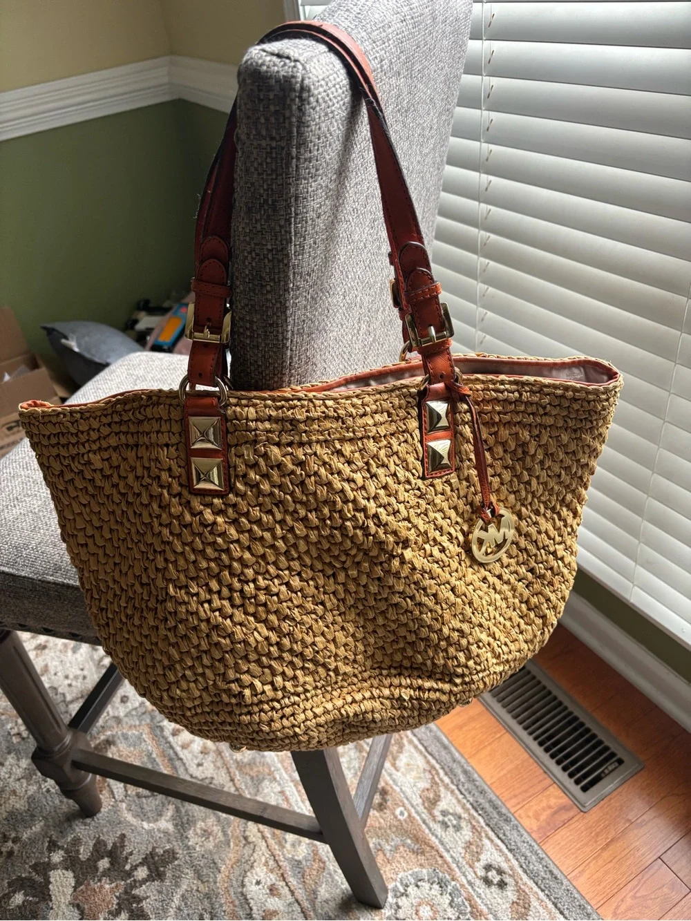 Michael Kors Straw Tote with Orange Leather Trim and Gold Studs
